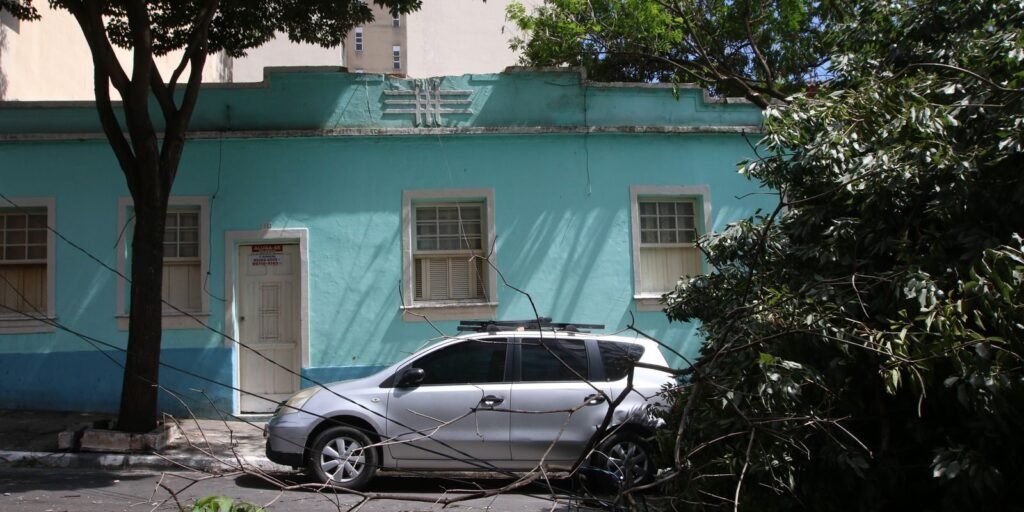 Árvore tombada sobre a rua em frente a casa azul