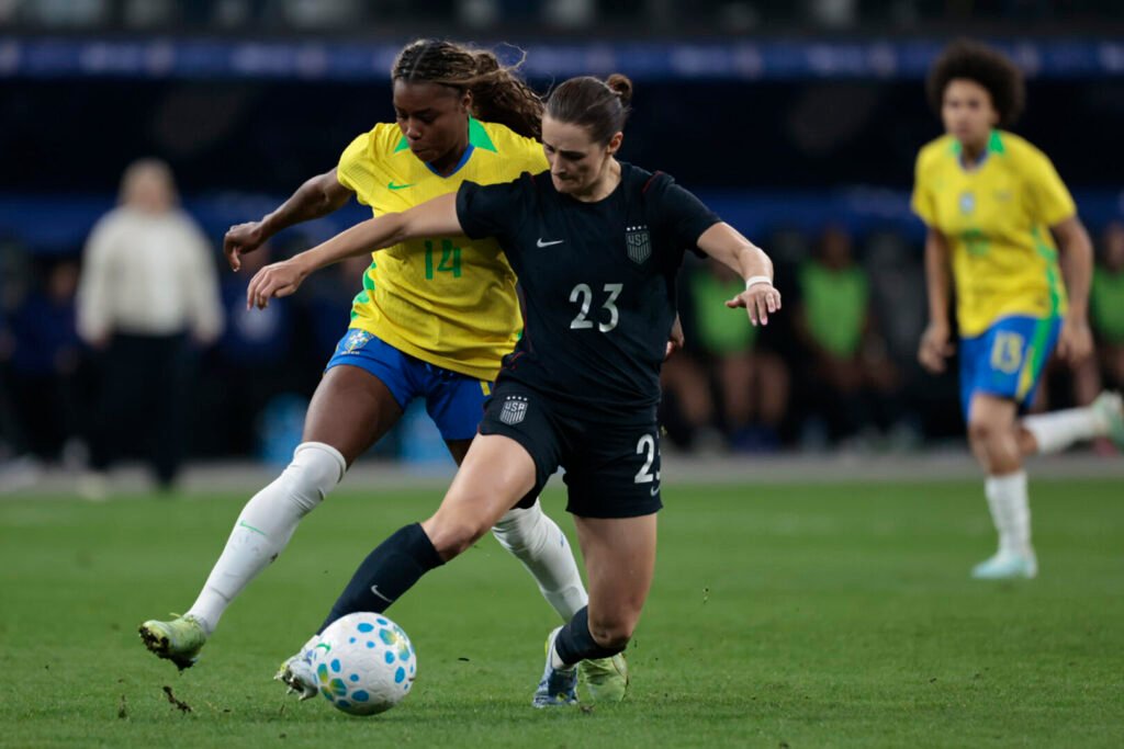 Lance de amistoso entre as seleções feminas do Brasil e dos Estados Unidos, na Neo Química Arena, em São Paulo