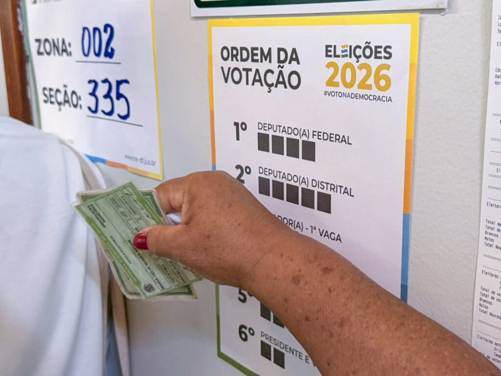 Mão segurando título de eleitor diante de cartaz da ordem de votação das Eleições 2026