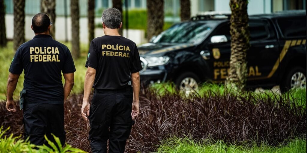 Policiais federais diante do prédio da Polícia Federal em Brasília