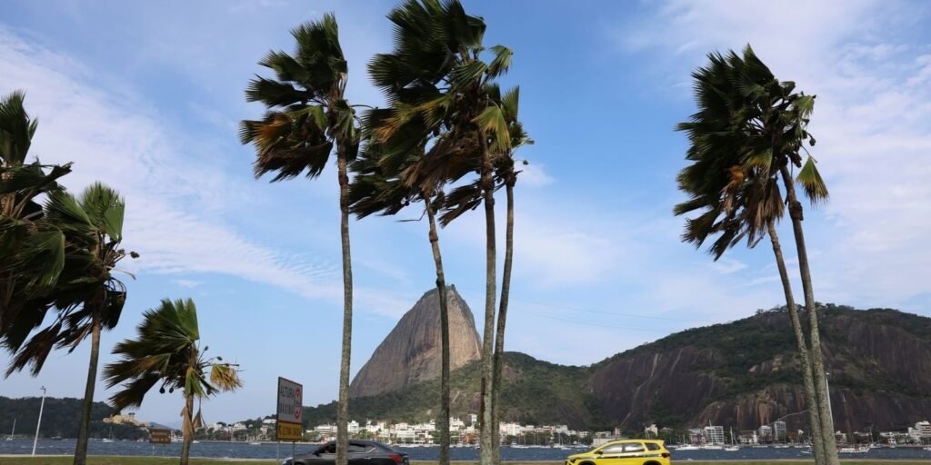Ventos balançam os coqueiros do Aterro do Flamengo, na Zona Sul carioca