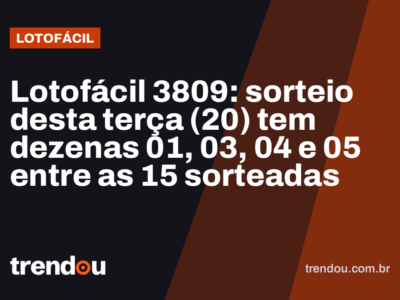 Lotofácil 3809: sorteio desta terça (20) tem dezenas 01, 03, 04 e 05 entre as 15 sorteadas