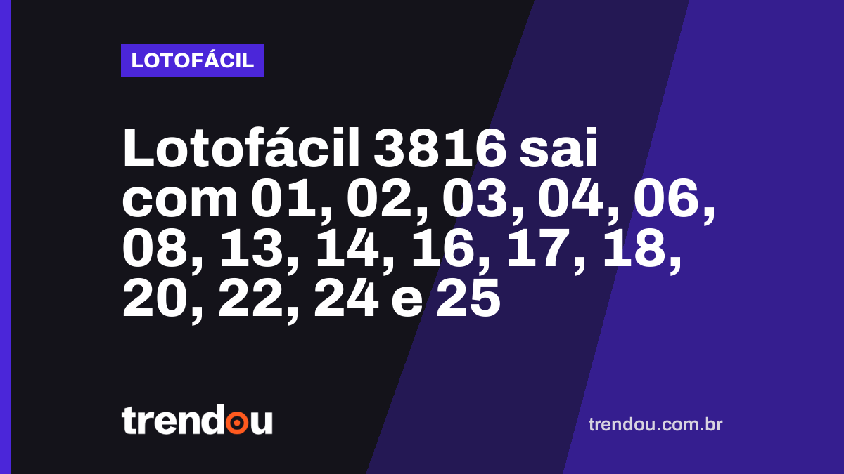 Lotofácil 3816 sai com 01, 02, 03, 04, 06, 08, 13, 14, 16, 17, 18, 20, 22, 24 e 25