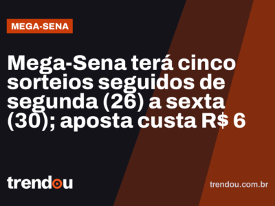 Mega-Sena terá cinco sorteios seguidos de segunda (26) a sexta (30); aposta custa R$ 6