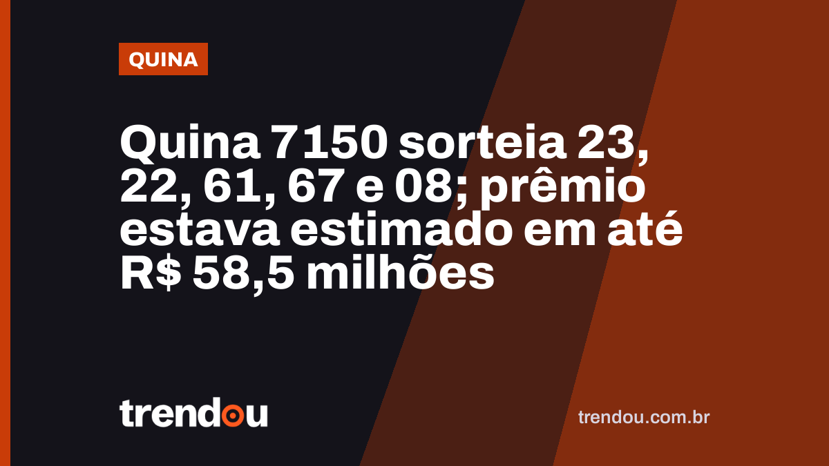 Quina 7150 sorteia 23, 22, 61, 67 e 08; prêmio estava estimado em até R$ 58,5 milhões